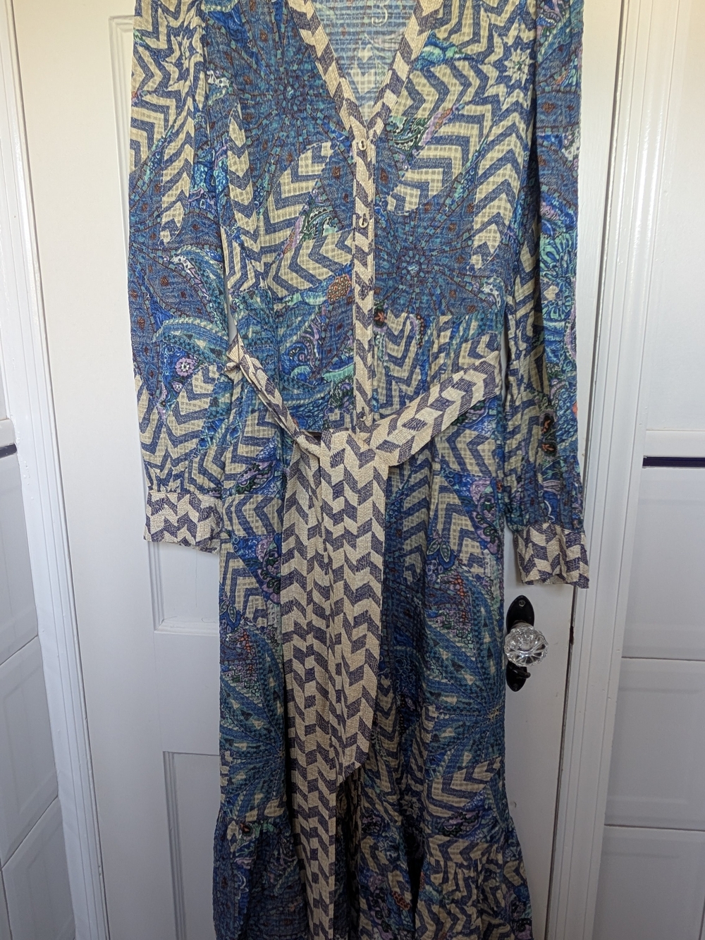 Marie Oliver Blue and Cream Geometric-Paisley Maxi Dress